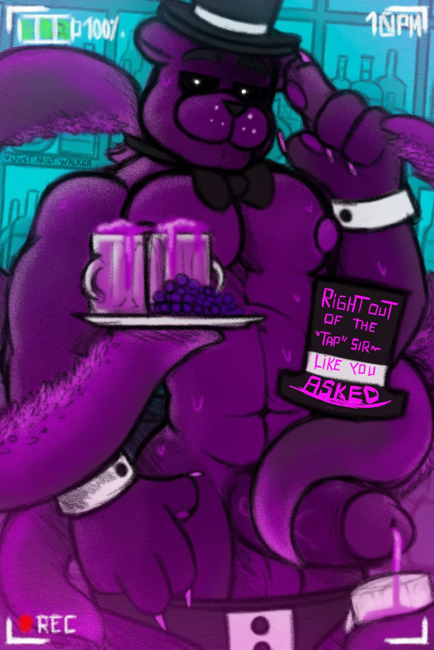 absurd_res anthro bear beverage black_eyes bodily_fluids bow_tie clothing cum cum_drip cum_in_beverage cum_on_glass dripping food fruit fur genital_fluids genitals grape hat headgear headwear hi_res male mammal nude penis plant purple_body purple_fur shadow_freddy_(fnaf) solo tagme tentacle the_mist_walker top_hat underwear