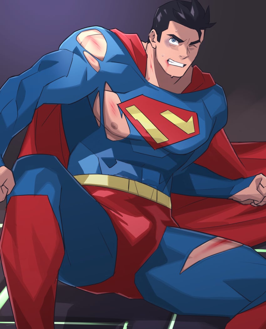 1boy abs belt biceps big_areola black_hair blood blood_on_face blood_on_mouth blood_on_neck blue_eyes bodysuit bruise bruise_on_face bruised bruised_eye bulge bulge_through_clothing cape clark_kent clark_kent_(my_adventures_with_superman) clenched_hand clenched_teeth clothed dc dc_comics defeated defeated_hero exposed_nipples folded_leg frown hero hero_in_trouble hi_res laceration logo looking_at_another male male_only manly mature_male muscles muscular muscular_arms muscular_legs muscular_male muscular_thighs my_adventures_with_superman nezumi_ranna one_eye_closed pecs scar scar_on_chest scar_on_leg scar_on_neck scar_on_shoulder shadow short_hair sitting sitting_on_floor spread_legs superman superman_(series) thick_arms thick_eyebrows thick_thighs tight_clothing tired_eyes torn_bodysuit torn_clothes tough_guy uruonurun wound wounded