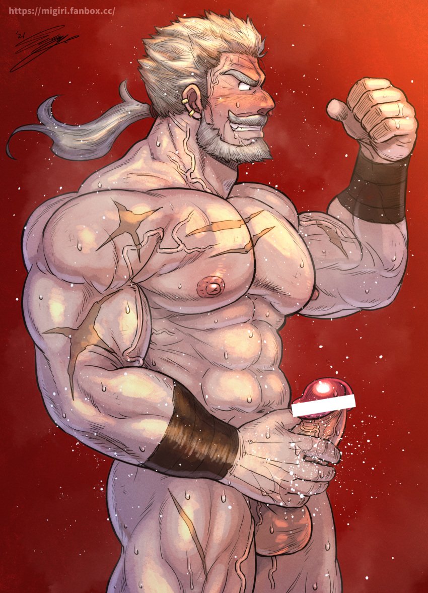 balls bara beard boner erection facial_hair granblue_fantasy male male_only masturbation muscles muscular musk nude penis sengamigiri solo solo_male soriz sweat sweating