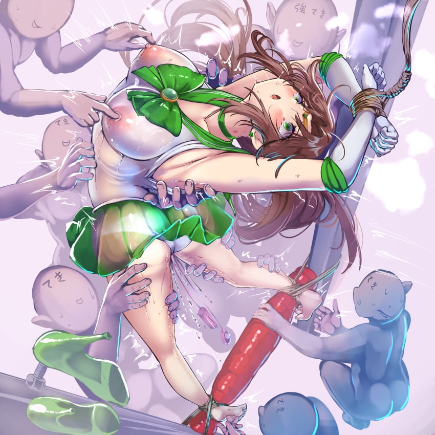 armpits arms_up ass barefoot bishoujo_senshi_sailor_moon blush bound bound_wrists bow breasts brooch brown_hair commentary_request elbow_gloves female gloves green_eyes heavy_breathing high_heels highres jewelry large_breasts makoto_kino monikano nipple_stimulation nipple_tweak nipples no_bra open_mouth panties pole ponytail pussy_juice sailor_jupiter see-through_clothes sex_toy skirt tiara tickling tickling_feet twitching underwear vibrator white_panties