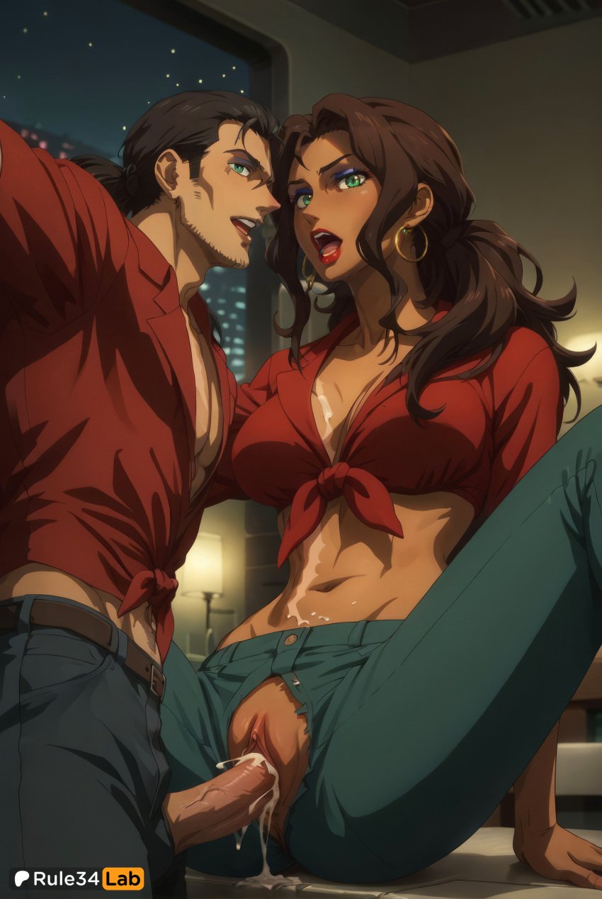 , 1boy 1boy1girl 1girls ai_generated amida_arca beard belt black_hair breasts brown_hair cleavage clothed_sex cum cum_in_pussy cum_on_body cum_on_breasts dark-skinned_female dark_skin denim earrings facial_hair front-tie_top green_eyes gundam gundam_tekketsu_no_orphans hi_res hoop_earrings jeans jewelry large_breasts lipstick long_hair makeup navel night open_fly open_mouth pants penis ponytail pussy red_lips red_shirt rule34lab sex shirt spread_legs straight torn_clothes torn_pants uncensored vaginal_penetration vaginal_penetration vaginal_sex