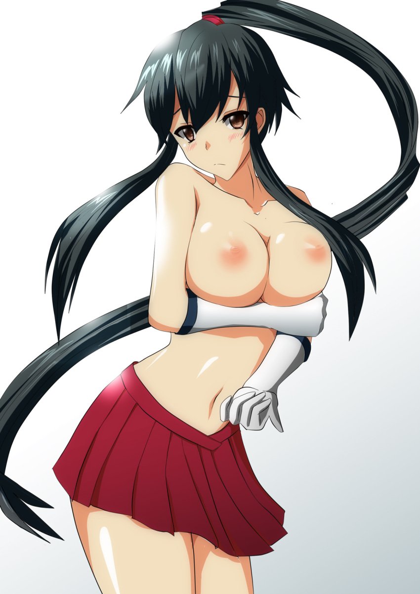 black_hair blush breasts brown_eyes female frown gloves gradient gradient_background kantai_collection leaning long_hair looking_at_viewer nipples personification ponytail red_skirt skirt solo standing tied_hair topless very_long_hair white_gloves yahagi_(kantai_collection) yuuk33