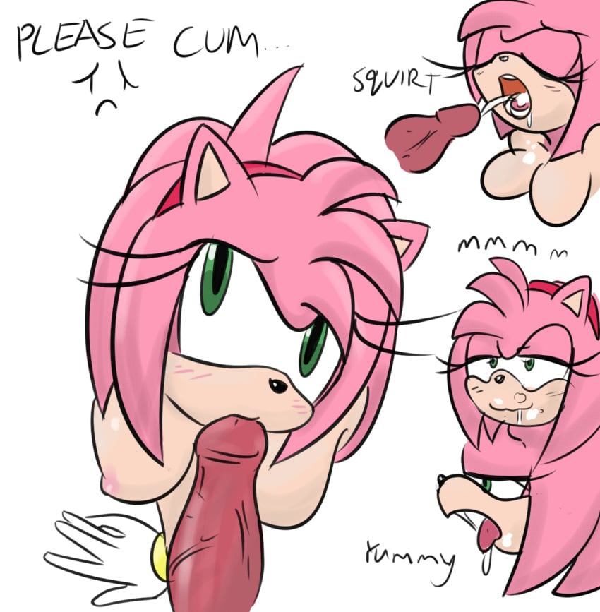 1boy 1girls amy_rose breasts fellatio open_mouth oral penis pov sad_face sonic_(series) straight swallowing tongue_out