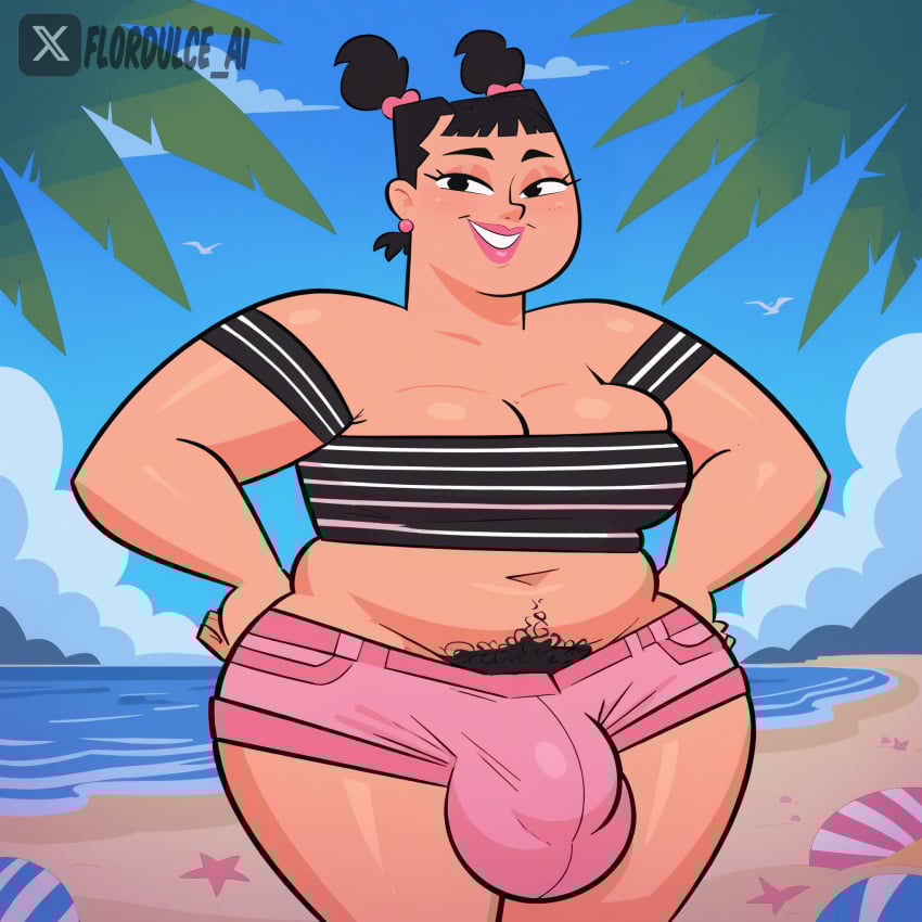 1futa ai_generated balls beach black_eyes black_hair bulge chubby crop_top erect_penis erection fat flordulce futa_only futanari hands_on_hips intersex lipstick midriff outdoors penis pubic_hair pubic_hair_peek sadie_(tdi) seductive seductive_look seductive_smile shorts solo_futa standing testicles total_drama_island twintails