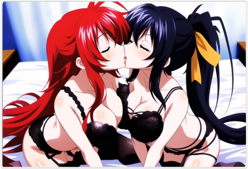 2girls ai_generated akeno_himejima flirting girl_on_girl high_school_dxd kissing lesbian_couple lesbian_kiss lesbian_sex lingerie lovers rias_gremory yuri yuri yuri