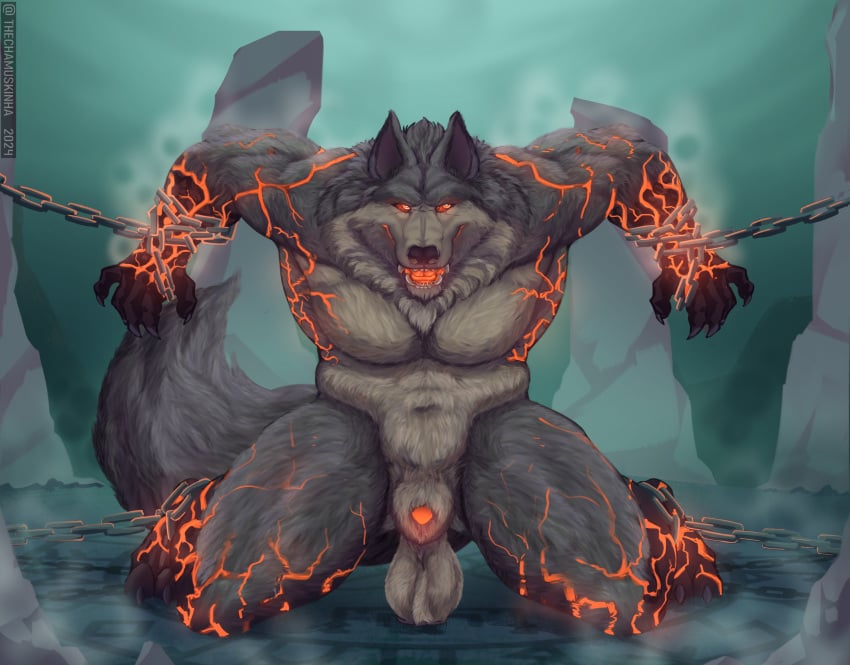 absurd_res animal_genitalia anthro balls big_breasts breasts canid canine canine_genitalia canis chamuskinha digital_media_(artwork) elemental_creature elemental_manipulation fenrir_(smite) fire fire_manipulation fur genitals hi_res humanoid knot lava lava_creature male mammal mineral_fauna musk musky_butt musky_penis mythological_canine mythological_creature mythology nipples nude penis simple_background smite solo steam tail werecanid werecanine werecreature werewolf wolf