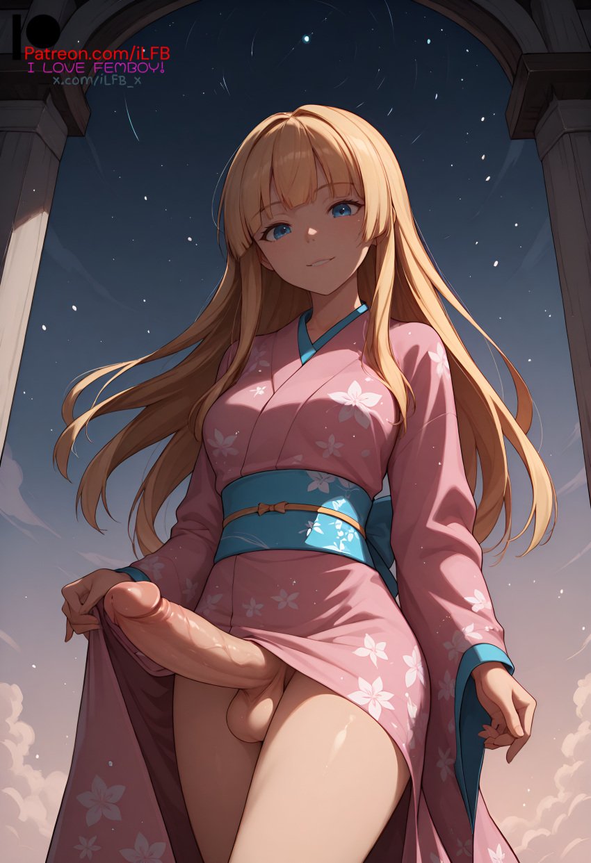 2025 2d ai_generated ambiguous_gender balls blonde_hair blonde_hair blue_eyes cock dick dickgirl femboy futanari hi_res high_resolution highres huge_cock huge_cock huge_cock ilfb kimono long_hair looking_away looking_down medium_breasts night penis self_upload standing testicles trap uncensored