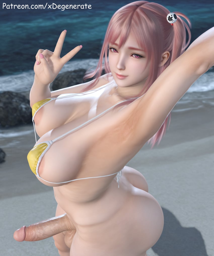 1futa 3d ai_generated areola_slip armpits beach bikini dead_or_alive erection from_above honoka_(doa) looking_at_viewer outdoors peace_sign pink_eyes pink_hair stable_diffusion v v_sign