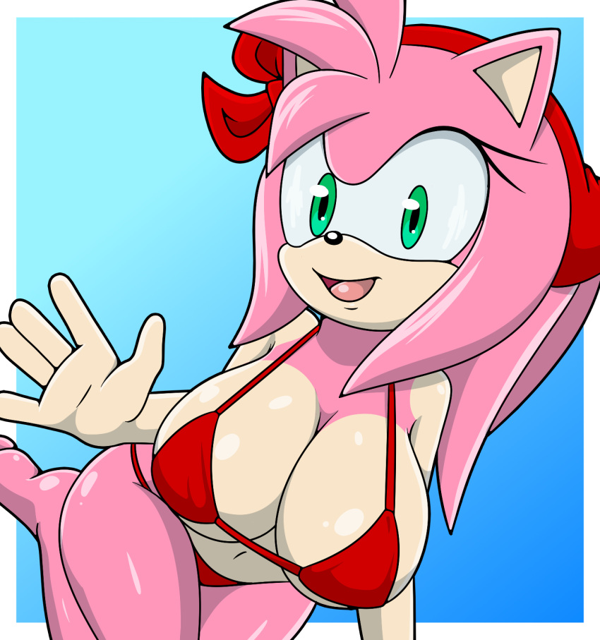 5_fingers amy_rose anthro big_breasts bikini bikini_bottom bikini_top breasts clothing digital_media_(artwork) eulipotyphlan feet female fingers gesture hair hedgehog hi_res looking_at_viewer mammal navel open_mouth outside pink_body sega simple_background smile solo sonic_(series) sonic_the_hedgehog_(series) sonicguru swimwear toes two-piece_swimsuit waving