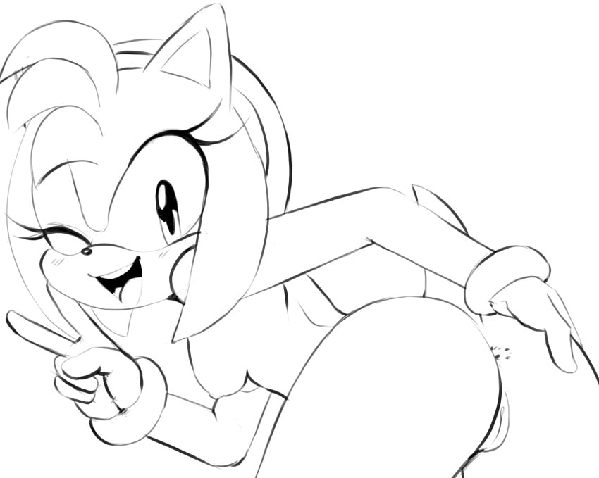 2025 amy_rose anthro ass bangs bending_over big_ass black_and_white blush female gloves happy headband hedgehog looking_at_viewer monochrome naked no_color peace_sign pussy short_hair small_breasts smile sonic_(series) sonic_the_hedgehog_(series) spreading tail tenshigarden vagina wink winking_at_viewer