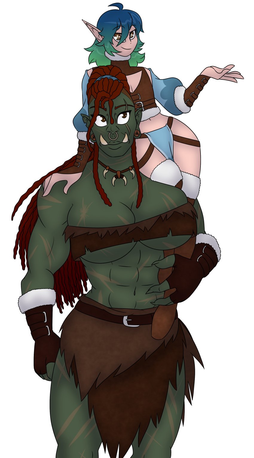 1boy 1girl abs belt blue_hair breasts bridge_piercing brown_eyes brown_hair dreadlocks elf elf_ears elf_femboy elf_male exposed_thighs female femboy girly gloves green_hair green_skin hazel_eyes hips huge_breasts knee_boots large_breasts larger_female leggy_(legarch) light-skinned_femboy light-skinned_male light_skin long_hair male male/female midriff muscles muscular muscular_female nose_piercing orc orc_female piercing ponytail scar scars sheepy-ichigo short_hair size_difference smaller_femboy smaller_male thick_thighs thighs tusks two_tone_hair wide_hips