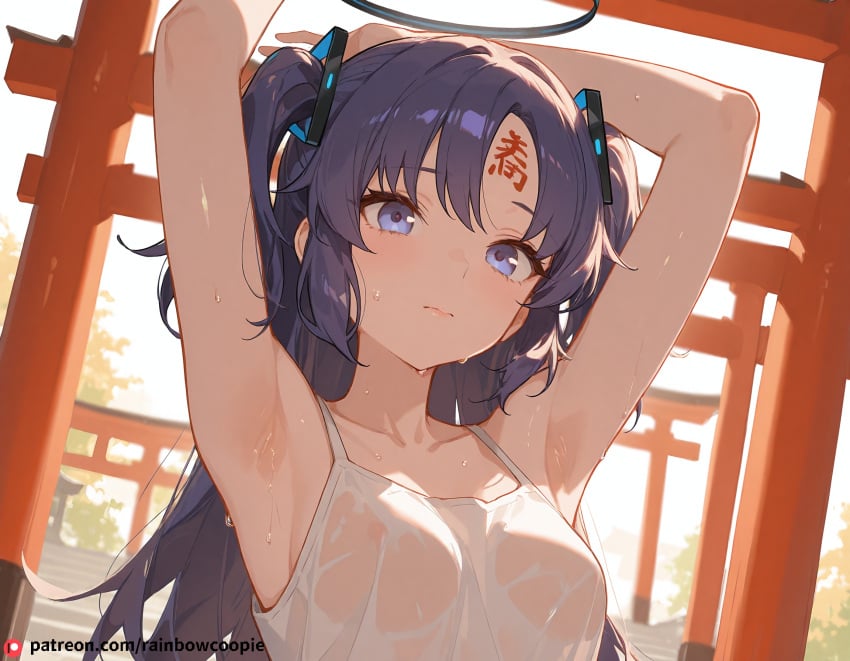 ai_generated beautfiul_background flushed_lips hairy_armpits shy small_breasts stunning_backgroud suggestive sweat_on_forehead torii yuuka_(blue_archive)