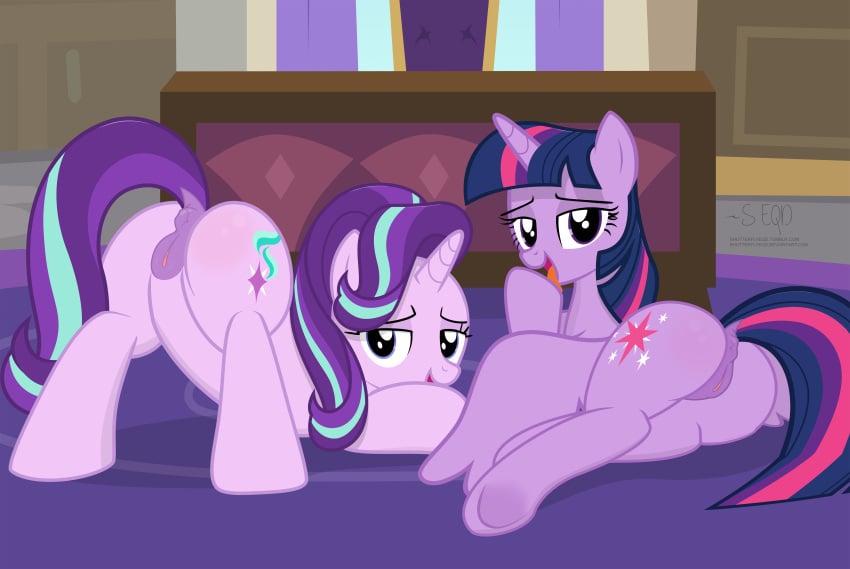 2018 absurdres alicorn anatomically_correct anatomically_correct_pussy animal_genitalia animal_pussy anus ass ass_up bedroom_eyes bent_over chair clitoral_winking clitoris curtains cutie_mark desk duo equine equine_pussy eyebrows eyelashes feathered_wings feathers female feral friendship_is_magic half-closed_eyes highres hooves horn indoors inviting licking_self looking_at_viewer looking_back lying mammal multicolored_hair my_little_pony nude office open_mouth open_smile pose presenting presenting_hindquarters presenting_pussy puffy_anus purple_eyes purple_feathers purple_hair pussy rug seductive shadow shutterflyeqd signature smile starlight_glimmer tongue tongue_out twilight_sparkle_(mlp) two_tone_hair underhoof unicorn window wings