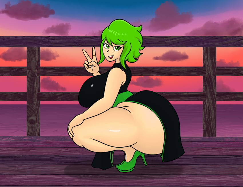 1female 1girls 20xxtrilogy 2d 2d_(artwork) 2d_artwork alternate_version alternate_version_at_source alternate_version_available ass beach_background big_ass big_breasts big_butt breast butt confident_smile curvy curvy_ass curvy_body curvy_female curvy_figure deck dress female_focus female_only green_eyes green_hair gumi heels looking_at_viewer megpoid megpoid_gumi peace_sign solo_female sunset vocaloid