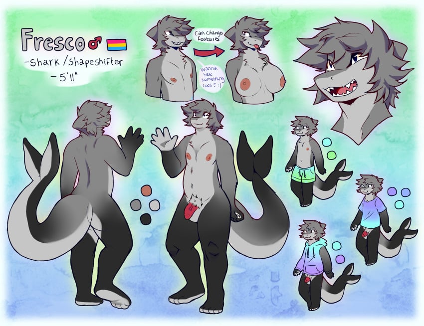 absurd_res anthro clothed clothing demibido fish fresco_(character) gradient_fur hi_res lgbt_pride male marine model_sheet nude partially_clothed pride_colors shark solo