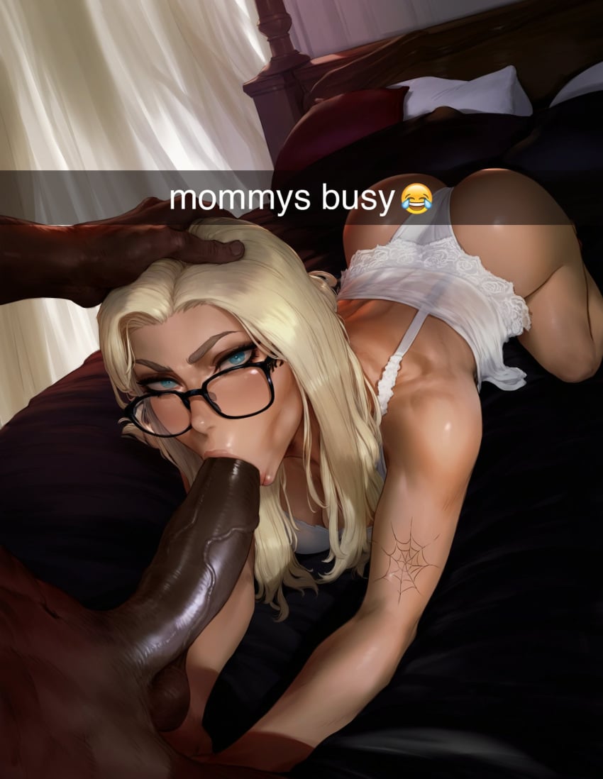 1boy 1girls 2025 2d ai_assisted ai_generated aipotions ass_up balls black_penis blonde_female blonde_hair blowjob blowjob_face blue_eyes caption cheating dark-skinned_male dark_skin english_text fellatio girthy_penis glasses grabbing_head green_eyes hi_res highres huge_cock indoors interracial just_the_tip light-skinned_female light_skin lingerie long_hair looking_at_viewer mature_female milf motherly_cuckold netorare ntr nutsack oc on_all_fours on_bed oral original_character pale-skinned_female penis scrotum skin_contrast snapchat sucking_penis tattoo testicles thick_penis underwear vacuum_fellatio veiny_penis very_dark_skin white_female white_girl white_woman