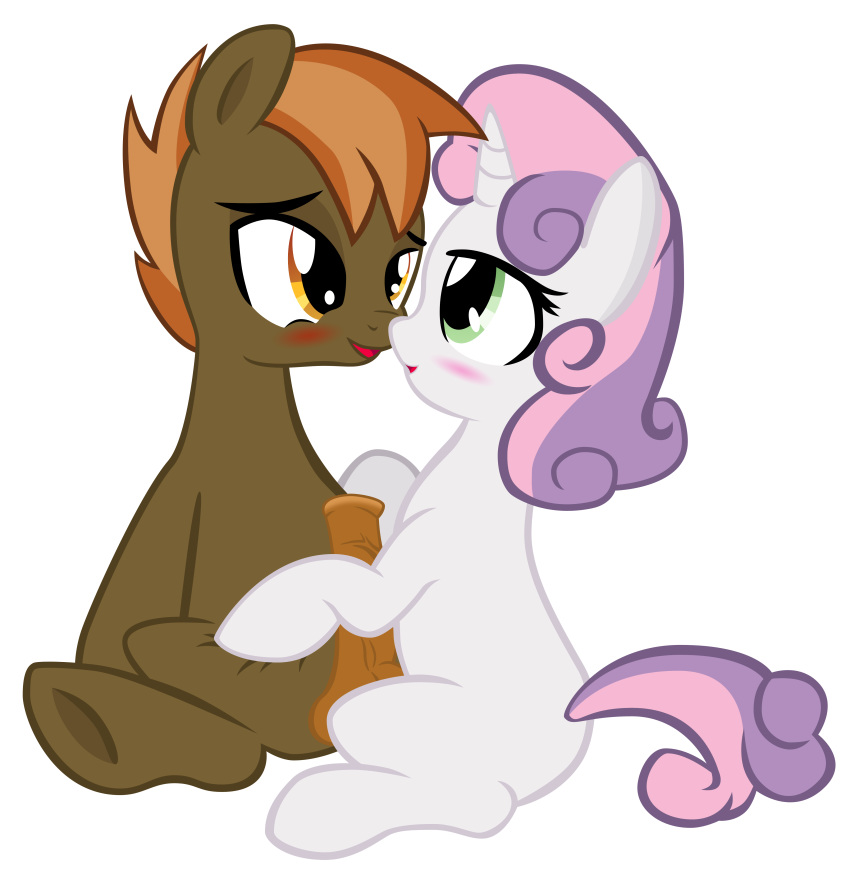 anibaruthecat balls blush brown_fur button_mash_(mlp) cute duo equine female friendship_is_magic fur green_eyes hair hair_on_head hoofjob_(forelimbs) horn horse male mammal my_little_pony open_mouth penis pony purple_hair sweetie_belle_(mlp) two_tone_hair unicorn white_fur young