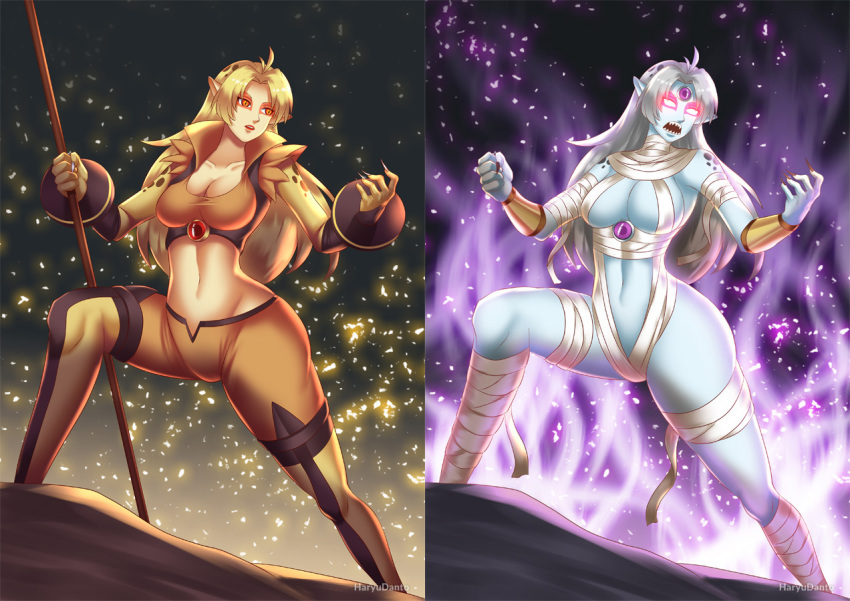 amber_eyes bad_end bandage bandages before_and_after belly blonde_hair bracelet cat_ears cat_girl cheetara cleavage corruption curvy glowing_eyes haryudanto jewelry large_breasts navel red_eyes revealing_clothes sharp_fingernails silver_hair staff thundercats thundercats_2011 voluptuous