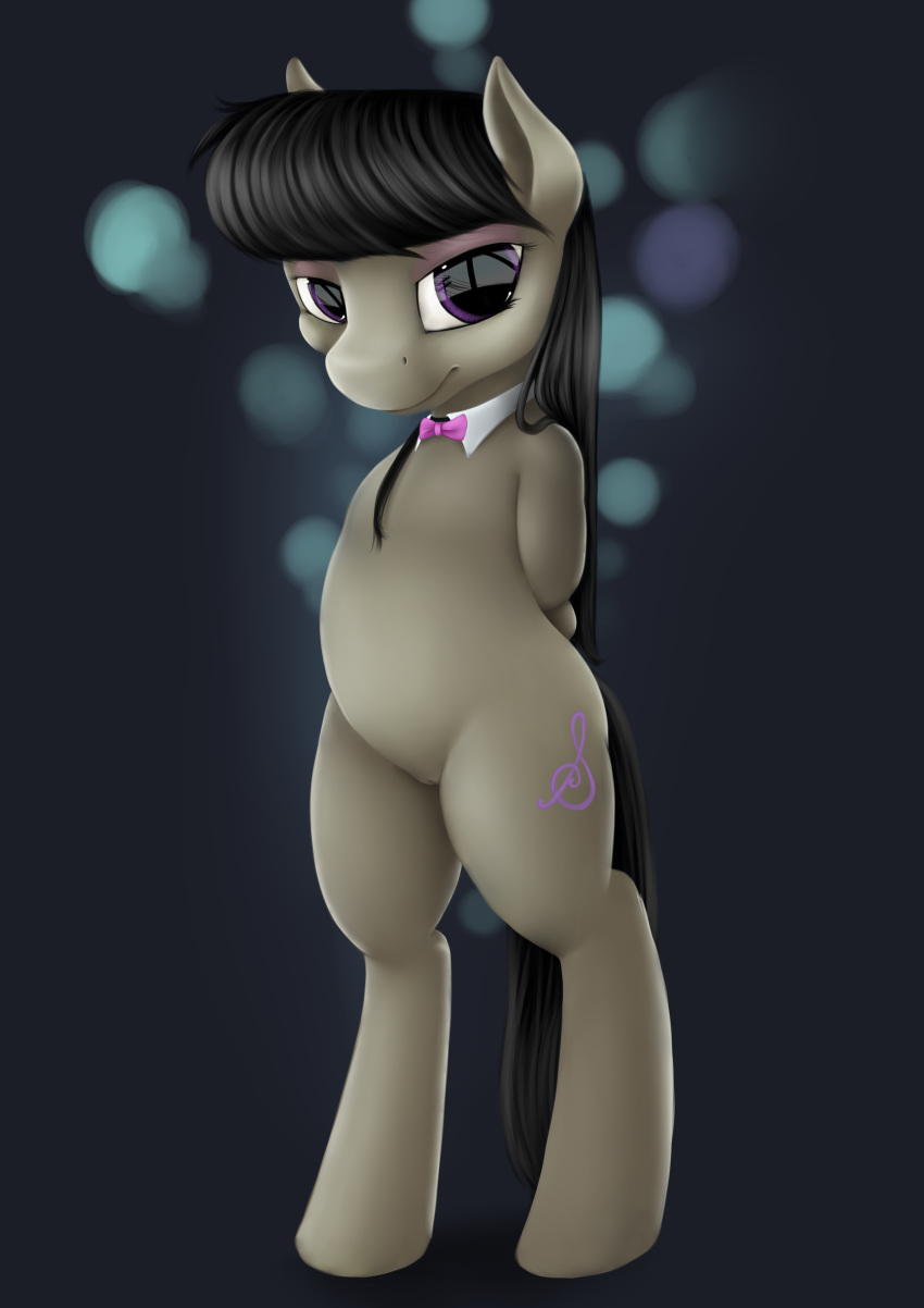 2014 arms_behind_back black_hair bow_tie cutie_mark earth_pony equine female female_only feral friendship_is_magic fur grey_fur hair hi_res horse long_hair looking_at_viewer mammal my_little_pony octavia_melody pony purple_eyes pussy smile solo standing tres-apples