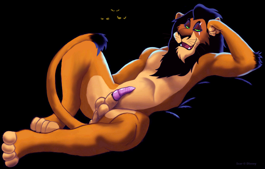 animal_genitalia anthro anus aroused ass balls barbs black_background black_hair disney erection feline hair hyena lion male male_only mammal mane muscles penis plain_background scar scar_(the_lion_king) sheath solo tarolyon the_lion_king