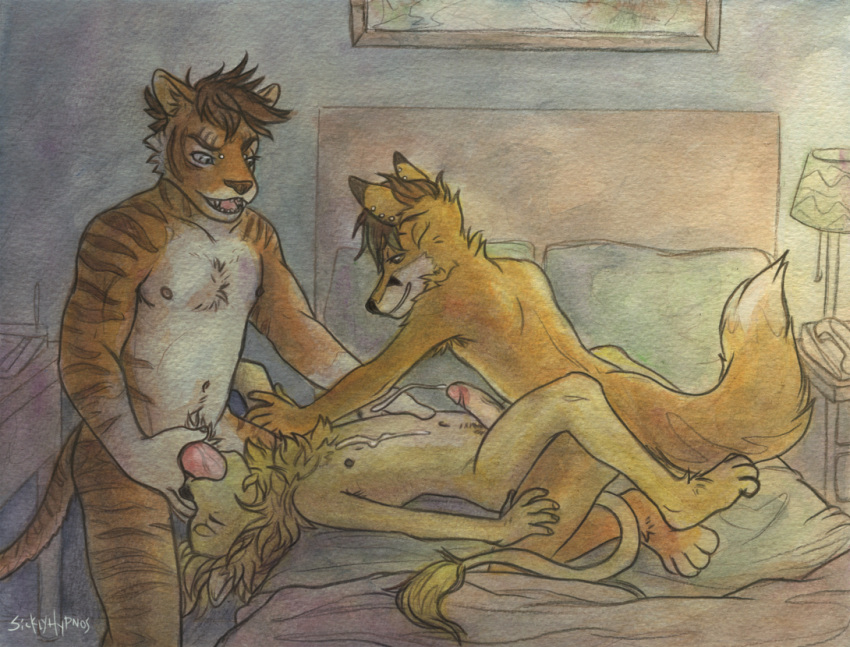 3boys anal anal_sex anthro canine cum cum_on_self cumshot erection feline fox fur furry furry_only gay lion male male_only mammal mane nude on_bed oral_penetration orgasm penetration penis sex sicklyhypnos tiger yaoi young