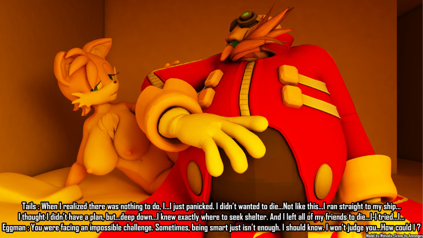 2014 3d absurdres annonguy anthro areola blue_eyes breasts canine chest_tuft crying dialog facial_hair female fox fur furry highres human large_breasts male mammal moustache nipples nude open_mouth pussy robotnik rule_63 sega sonic_(series) tails tailsko tears text tuft wolvalix