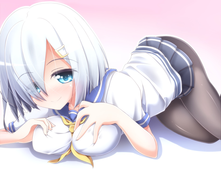 blue_eyes blush breast_press breasts evandragon female hair_ornament hamakaze_(kantai_collection) kantai_collection looking_at_viewer pantyhose personification school_uniform serafuku short_hair skirt smile solo white_hair