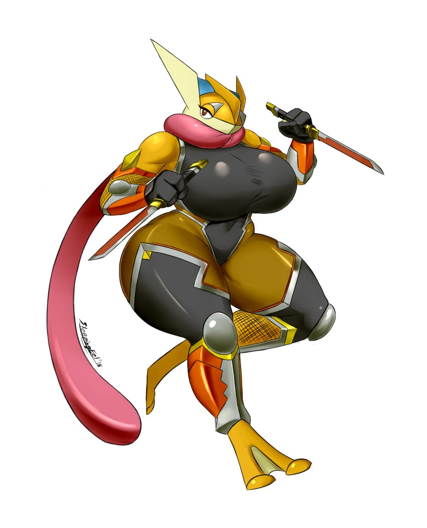 anthro cosplay dangerous female female_only greninja huge_breasts igawa_sakura_(cosplay) ninja pokemon pokemon_(species) sleepingeel thick_thighs voluptuous wide_hips