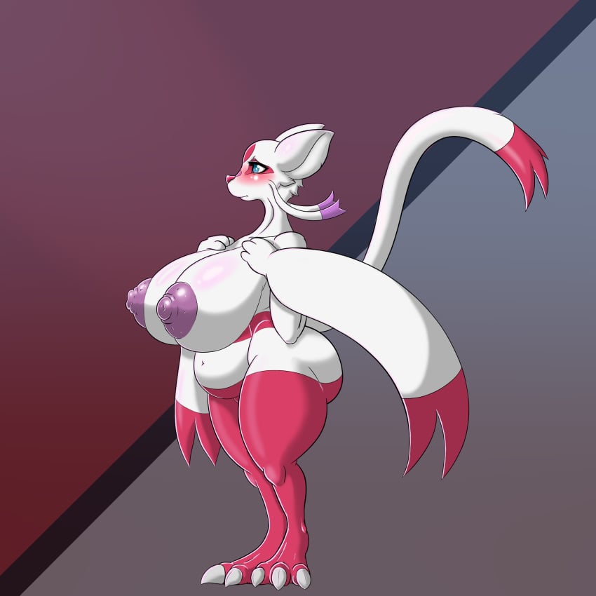 2014 anthro bantar2 big_breasts big_nipples blue_eyes blush breasts chubby claws female fur furry hi_res hindpaw huge_breasts mienshao nintendo nipples nude paws pokemon pokemorph purple_nipples red_fur red_nose smile solo standing thighs video_games white_fur