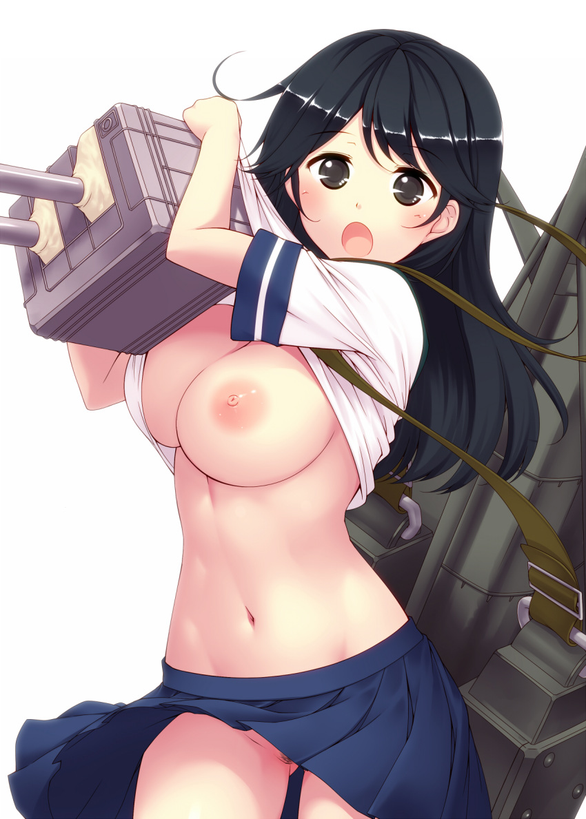 :o black_eyes black_hair blush breasts female highres holding kantai_collection large_breasts long_hair mound_of_venus navel nipples no_panties open_mouth personification pubic_hair school_uniform serafuku shirt_lift simple_background skirt solo tro upskirt ushio_(kantai_collection) white_background