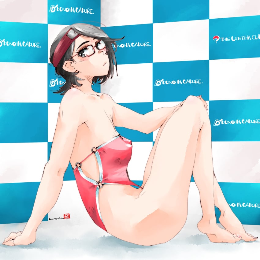 1girls ass bare_arms bare_legs bare_shoulders bare_thighs barefoot black_eyes black_hair boruto:_naruto_next_generations clothing erect_nipples erect_nipples_under_clothes feet feet_up female female_only foot_fetish glasses headband hi_res high_resolution highres light-skinned_female light_skin looking_at_viewer mike156 nail_polish naruto naruto_(series) nipple_bulge one-piece_swimsuit painted_nails pale-skinned_female pale_skin pink_nail_polish pink_nails pink_toenails pinup red_swimsuit sarada_uchiha short_hair shounen_jump sitting soles solo swimsuit thighs tiptoes toenail_polish toes