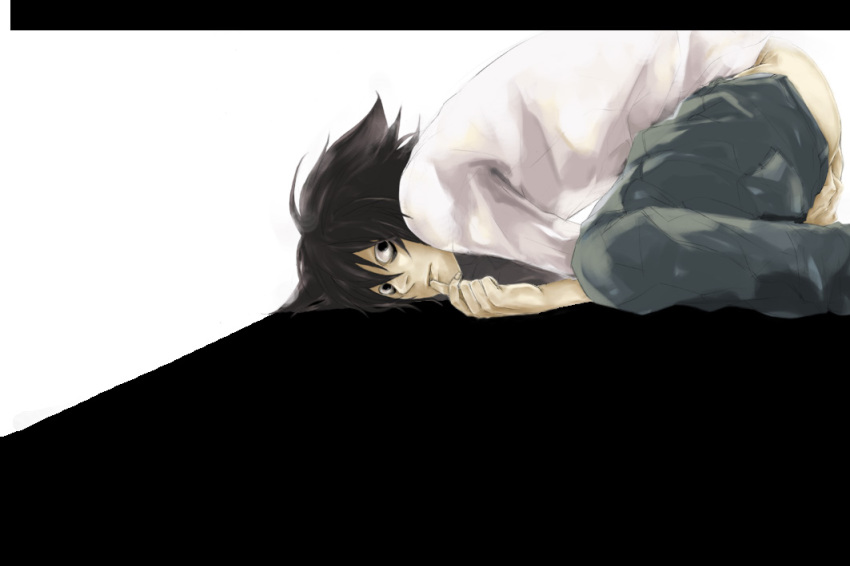 1boy artist_request black_eyes black_hair dark_hair death_note l_lawliet male male_only pale-skinned_male pale_skin shirt short_hair solo solo_male