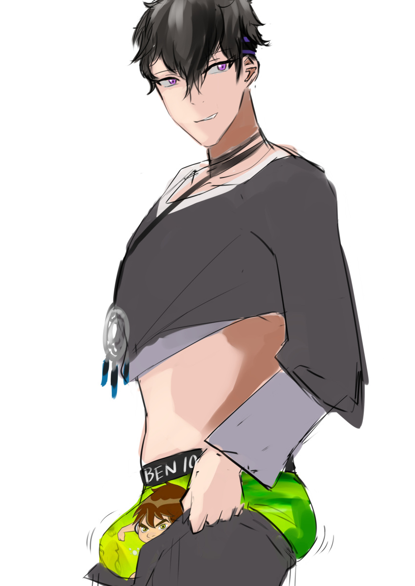 1boy ben_10 ben_10_underwear black_hair bulge bulge_through_clothing erection_under_clothes hi_res highres male male_only nijisanji nijisanji_indonesia pants_open pants_pull purple_eyes reza_avanluna shinkardia solo solo_focus solo_male taking_clothes_off taking_off_pants tight_pants_(meme) underwear virtual_youtuber