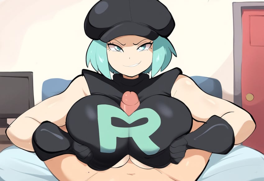 1boy ai_generated boobjob female large_breasts mullon novelai paizuri penis pokemon pokemon_sm pov team_rainbow_rocket team_rainbow_rocket_grunt team_rainbow_rocket_grunt_(female) team_rocket