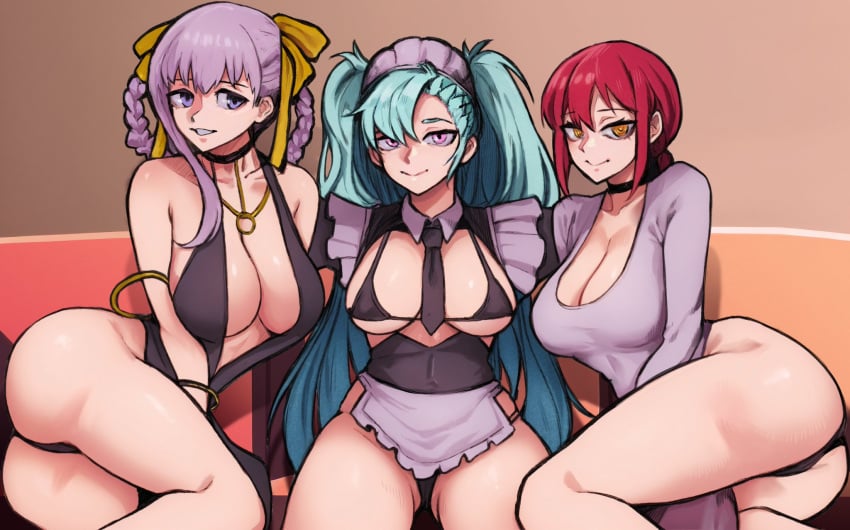 3girls akeno_(itsnafulol) apron ass bb_(fate) bb_dubai_(fate) between_breasts bikini blue_hair braid breasts bubble_butt chainsaw_man cleavage collar couch dat_ass dress evening_gown fate/grand_order fate_(series) hair_between_eyes hair_ribbon huge_ass jewelry long_hair looking_at_viewer maid maid_apron maid_bikini maid_headdress makima_(chainsaw_man) multiple_girls necklace pink_eyes ponytail purple_eyes purple_hair red_hair ribbon sitting smile someone19912 swimsuit thick_thighs thighs thong twintails wide_hips yellow_eyes yuri