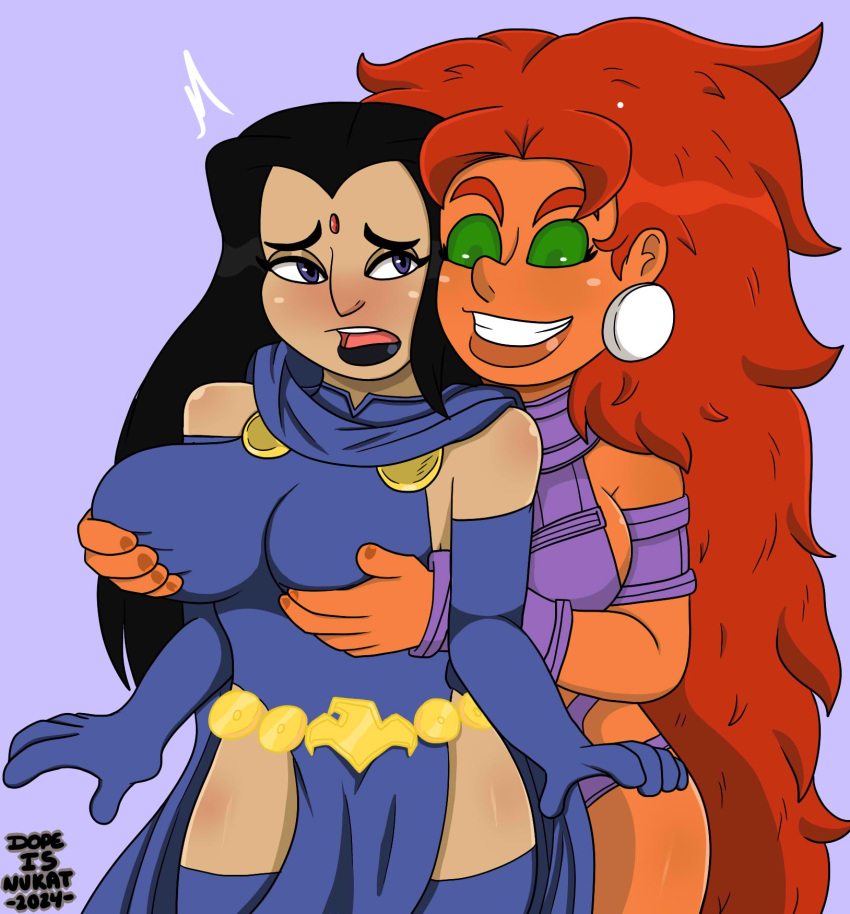 2girls breast_grab dc dc_comics dopeisnukat female female_focus female_only from_behind gold_jewelry green_eyes koriand'r multiple_girls orange_hair orange_skin rachel_roth raven_(dc) starfire teen_titans titans waist_jewelry yuri