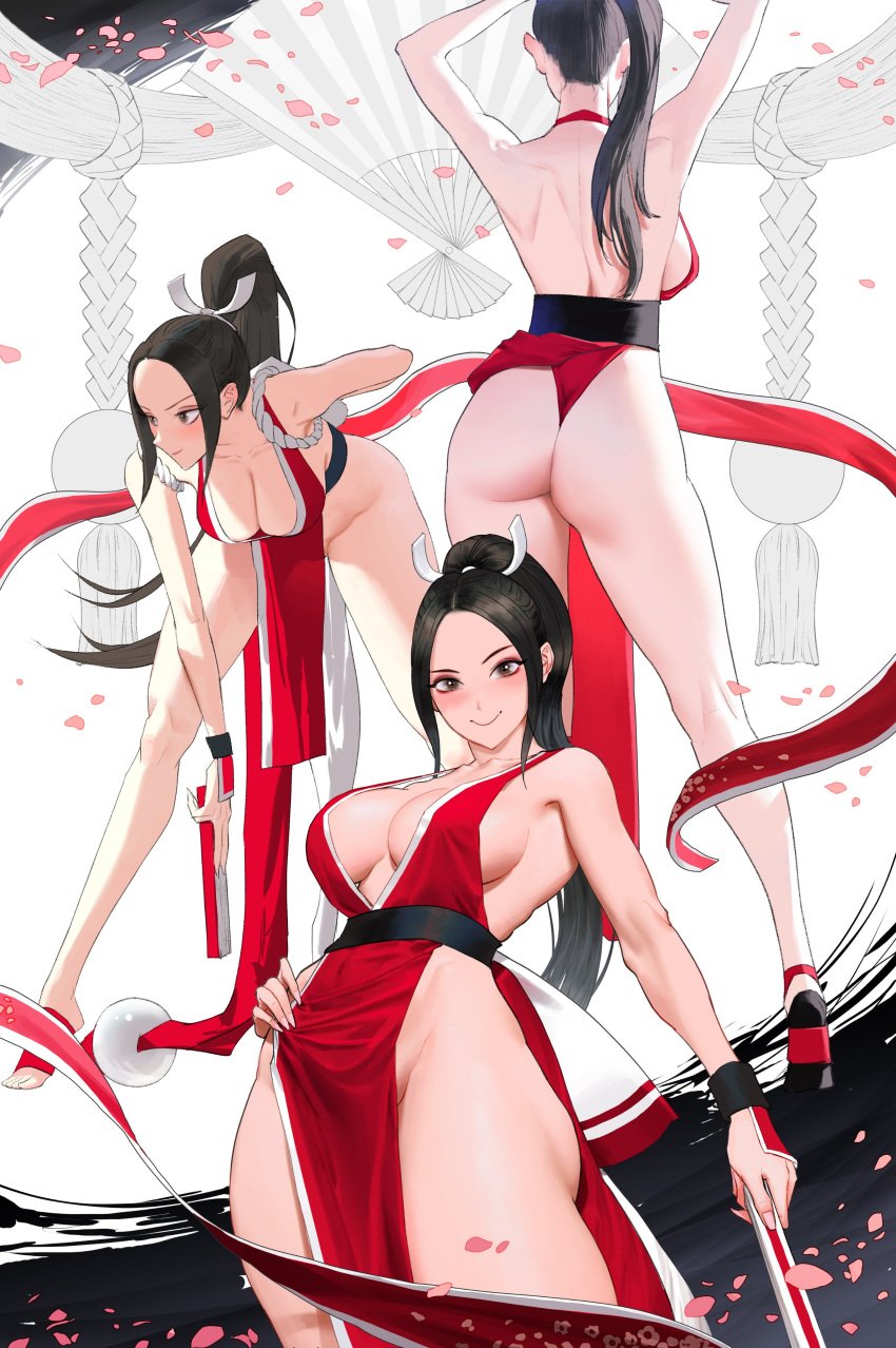 bending_forward big_ass big_breasts big_butt black_hair brown_eyes brown_hair dark_hair female hair_ornament japanese japanese_clothes king_of_fighters long_hair mai_shiranui petals ponytail red_clothing stirrup_legwear wonbin_lee