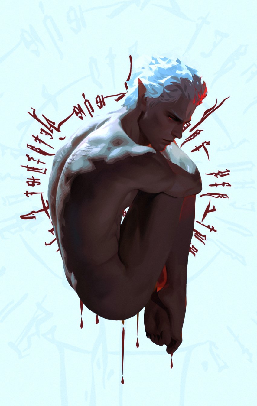 anatomically_correct artistic_nude artistic_nudity astarion back_muscles back_view baldur's_gate baldur's_gate_3 digital_painting_(artwork) fetal_position looking_back male_focus male_only no_visible_genitalia opoccult pinup solo_male voidbringerr