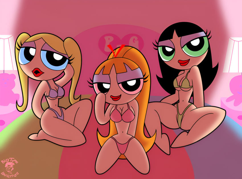 artstyle_imitation black_hair blonde_hair blossom_(powerpuff_girls) blue_eyes bubbles_(powerpuff_girls) buttercup_(powerpuff_girls) green_eyes lingerie orange_hair pink_eyes powerpuff_girls