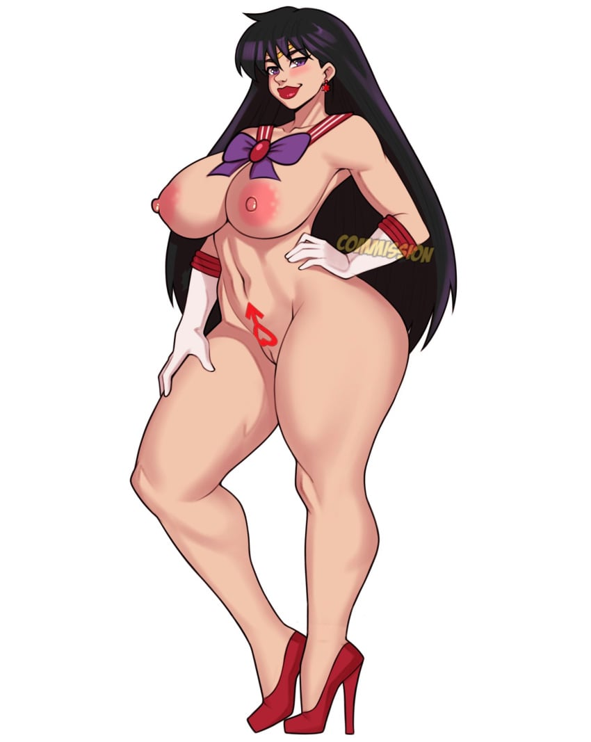 2024 bishoujo_senshi_sailor_moon blush breasts earrings female female_focus female_only gloves hand_on_hip high_heels jakuson_z large_breasts long_hair nipples pubic_tattoo purple_eyes purple_hair pussy red_lips red_lipstick sailor_mars thick_thighs thighs white_background