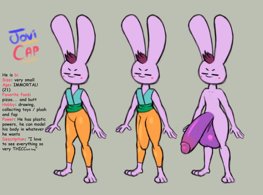 3_toes 4_fingers anthro balls big_balls big_penis bottomwear closed_eyes clothing english_text feet fingers genitals grey_background hair jovi_cap jovi_cap_(oc) lagomorph leporid male male_only mammal model_sheet pants penis purple_body purple_hair rabbit shirt simple_background solo solo_male text toes topwear