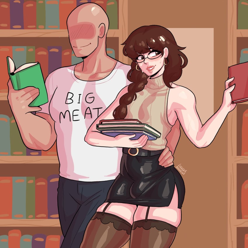 2boys bald big_meat_(loggus_doggus) book braid brown_eyes brown_hair bulge crossdressing eyeless_male femboy feminine_male garter_straps girly glasses hand_on_another's_hip hi_res holding_book library loggus_doggus long_hair male male_only skindentation skirt sleeveless_sweater smiling stockings thick_thighs