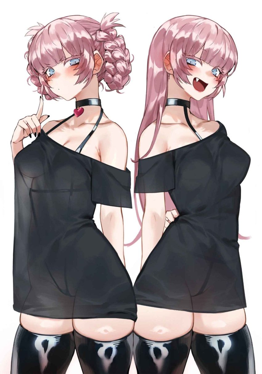 2girls blue_eyes blunt_bangs blush call_of_the_night choker collar cute_fang female foolish_potato looking_at_viewer nanakusa_nazuna pink_hair see-through see-through_clothing skindentation tagme thighhighs white_background yofukashi_no_uta