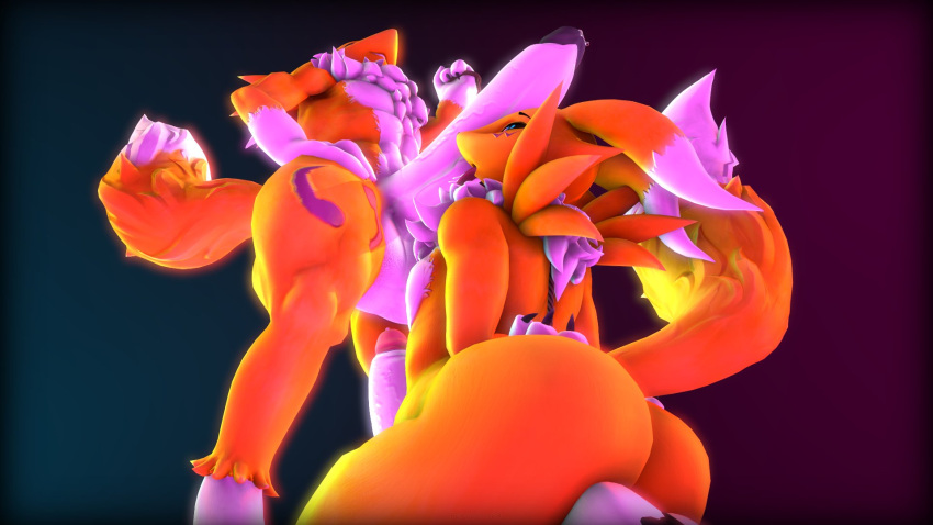 anthro ass bandai_namco big_butt big_penis blue_eyes digimon digimon_(species) duo erection femboy genitals hi_res huge_cock male male/male muscular muscular_male not_person420 penis renamon tail tongue tongue_out