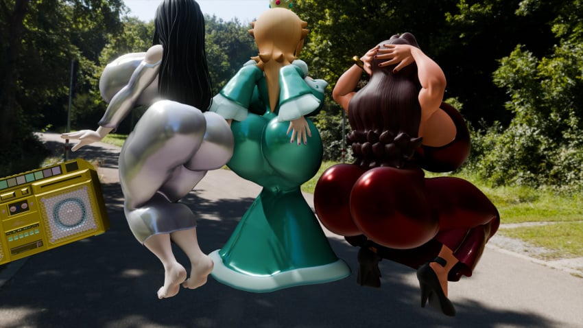 3d 3d_(artwork) 3girls ass ass_bigger_than_head ass_in_dress back backboob barefoot big_ass big_breasts big_butt black_hair black_heels bracelet breasts breasts_bigger_than_head brown_hair bubble_butt butt butt_bigger_than_head crossover crown curvy dat_ass dress earrings gold_boombox_(prevence) heels high_heels huge_ass huge_breasts huge_butt large_ass large_breasts large_butt latex light-skinned_female light_skin long_hair long_sleeves mario_(series) nail_polish nintendo outdoors pauline platinum_blonde_hair princess_rosalina purple_nail_polish purple_nails real_life_background realistic_background red_nail_polish red_nails star_earrings the_ring thick thick_ass thick_butt thick_hips thick_thighs trio_focus twerk_hypnosis twerking white-skinned_female white_skin wide_hips yamamura_sadako