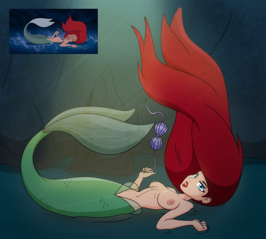 areolae ariel ariel_(the_little_mermaid) breasts fair_skin green_tail mermaid mermaid_tail nipples red_hair seashell_bra skadoo tagme the_little_mermaid the_little_mermaid_(1989_film) topless topless_female underwater