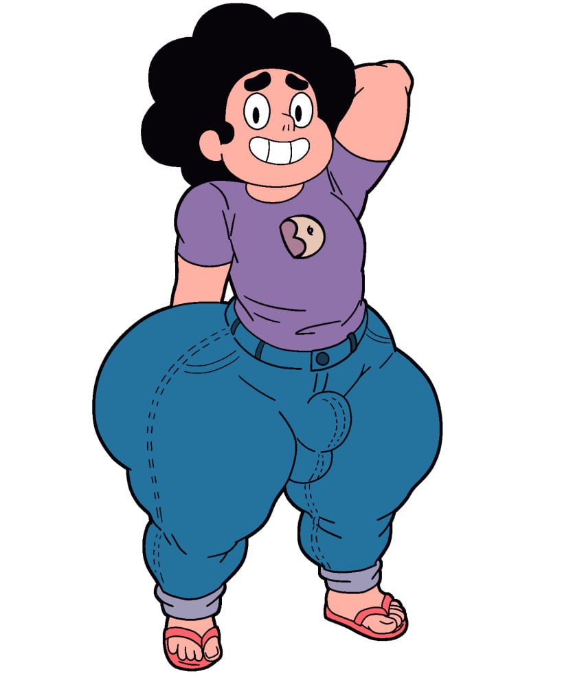 1boy ass blackmorty_(artist) bulge bulge_through_clothing cartoon_network fat_ass femboy jeans looking_at_viewer simple_background smile standing steven_quartz_universe steven_universe thick_thighs white_background