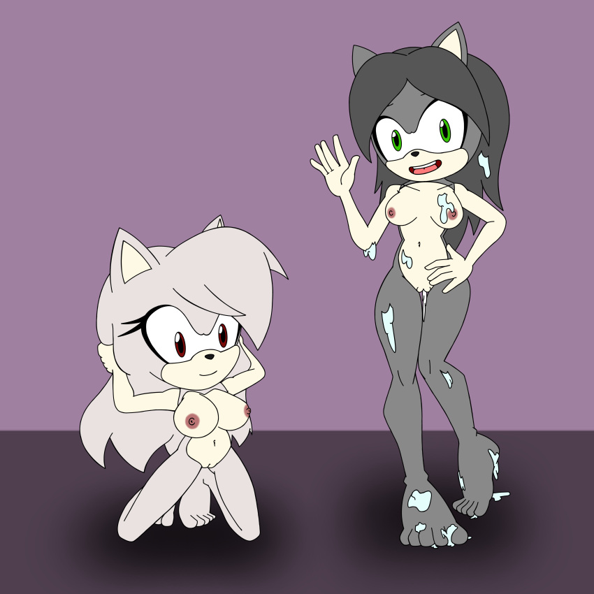 2girls adult_and_teenager anthro azmaria_the_hedgehog barefoot black_fur black_hair feet feet_up female glasses green_eyes grey_fur grey_hair hedgehog honey humanoid_feet immortality jsprdraws long_hair mobian_(species) nipples original_character pale_skin pussy red_eyes sega soles sonic_(series) sonic_fan_characters sonic_oc sonic_team sonic_the_hedgehog_(series) sunako_the_hedgehog teenager toes water water_drop waving_hand young young_adult