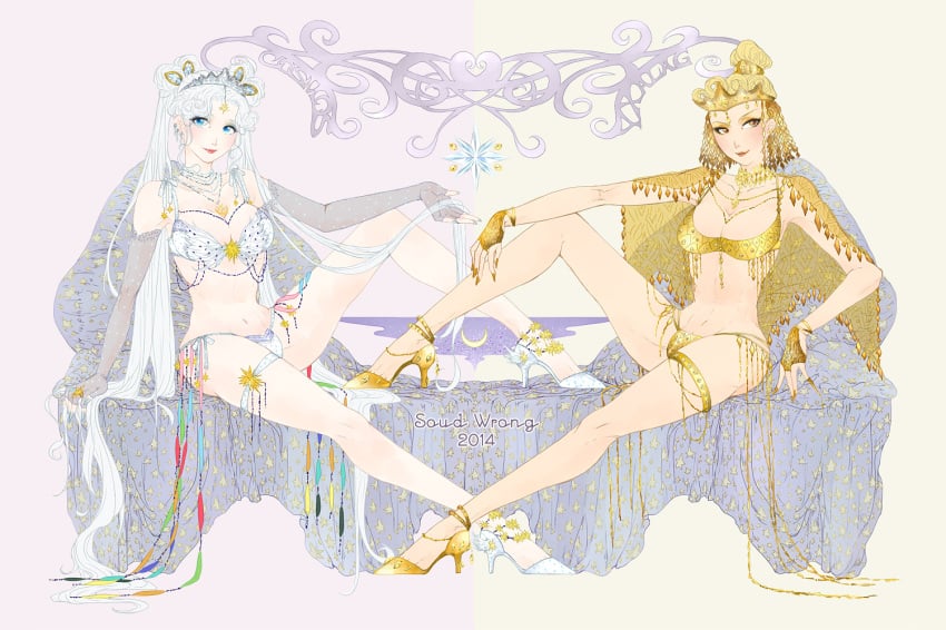 2girls bishoujo_senshi_sailor_moon bra breasts cape cleavage clothed female female_only headdress high_heels invitation inviting jewelry legs lingerie long_hair medium_breasts ornament pale-skinned_female pale_skin panties sailor_cosmos sailor_galaxia shadow_galactica shoes silver_hair small_breasts spread_legs thong villainess white_hair yangyieva