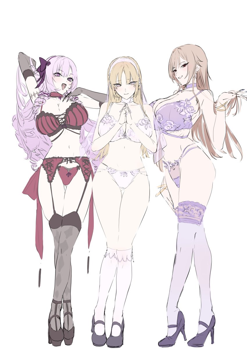 3girls :d absurdres bare_shoulders black_footwear black_gloves black_thighhighs blonde_hair bra breasts brown_hair cleavage elbow_gloves furen_e_lustario garter_belt garter_straps gloves grin hairband high_heels highres hyakumantenbara_salome kneehighs lace_bra lace_panties large_breasts long_hair looking_at_viewer mary_janes mogi_yasunobu multiple_girls navel nijisanji open_mouth own_hands_together panties purple_bra purple_eyes purple_footwear purple_hair purple_panties purple_thighhighs red_eyes shoes simple_background sister_cleaire sketch smile socks thighhighs underwear underwear_only virtual_youtuber white_background white_bra white_panties white_socks